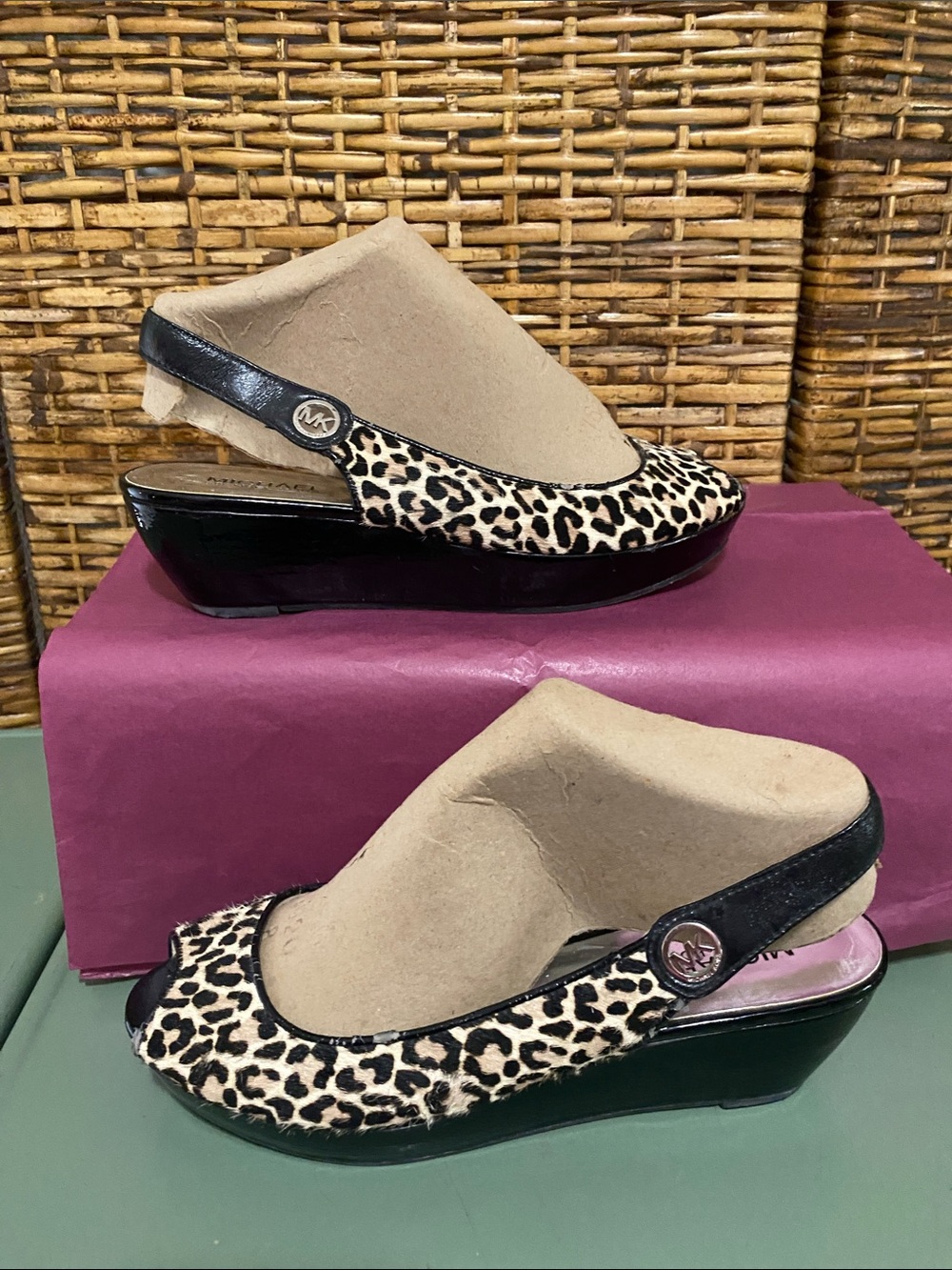 Michael Kors Calf Hair leopard wedge sling back 7.5 **flaws**